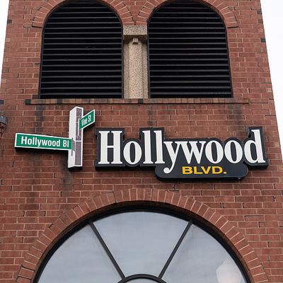 Hollywood Sign on Tower. Pair of exterior building signage for "Hollywood Blvd," from the iconic 