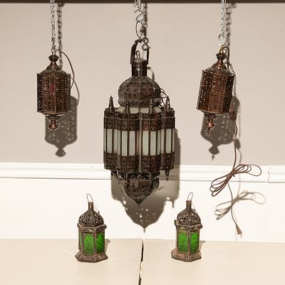 Ornate Moroccan Style Pierced Brass Lanterns (5). This exquisite five-piece assembly of 