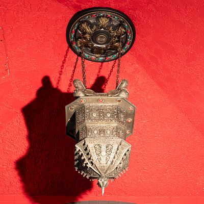 Large Ornate Moorish Chandelier by Chaplin. This exquisite hanging lantern is a masterclass in 
