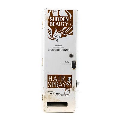 Coin Op "Sudden Beauty" Hair Spray Vendor. A coin operated wall mount machine that dispenses 