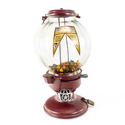 One Cent Columbus Model A Peanut Machine. Looks to be an original machine with a good globe and 