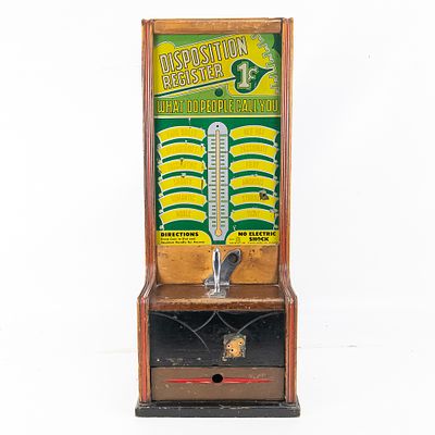 Exhibit Supply Co. One Cent Disposition Tester. Unusual vintage countertop coin operated arcade 