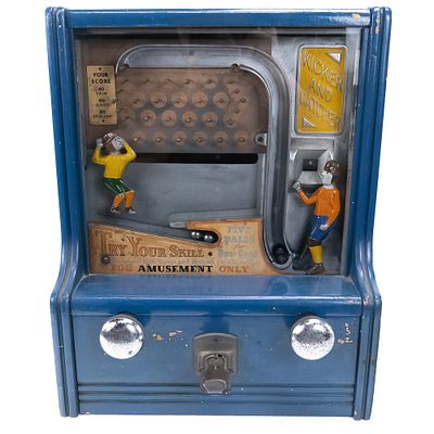 One Cent Kicker & Catcher Coin Op Machine. Older refinish on wood case, has back door with lock 