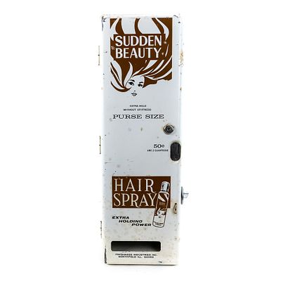 Coin Op Hair Spray Dispenser. A very unusual wall mount vending machine, dispensing small 