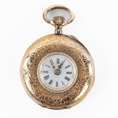 Ladies 14k Gold Swiss Cylinder Pocket Watch. Attractive Ladies Fancy Dial pocket watch with 