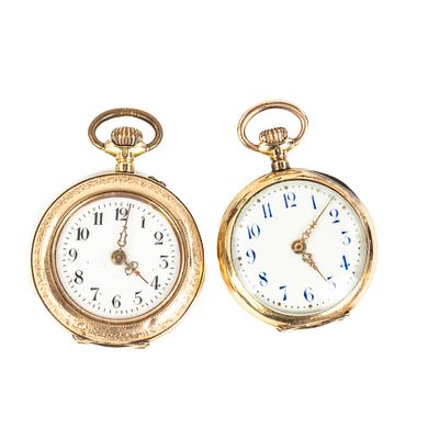 (2) Ladies Swiss Fancy Dial 14k Pocket Watches +. Pair of attractive Swiss Fancy Dial lady 