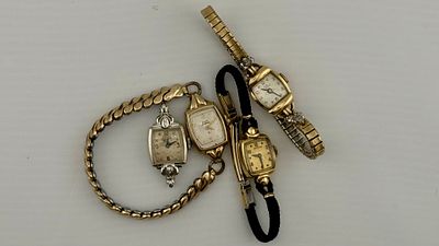 (4) Vintage Ladies 14k Gold Wrist Watches. Collection showcase vintage Ladies Jules Jurgensen 
