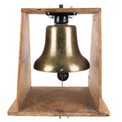 Vintage Polished Brass Locomotive Railroad Bell, heavy brass, mounted in a wooden cradle 