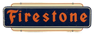Firestone Tires Double-Sided Tin Litho Sign features the iconic orange Firestone script 