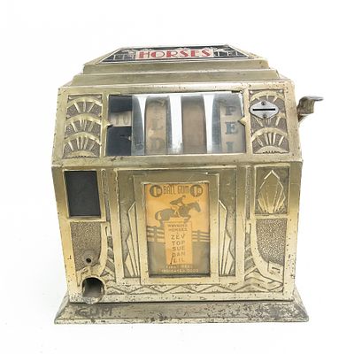 Ornate Buckley Horses 1C Coin Op Trade Stimulator. Ornate 1930s Buckley "Horses" 1 cent gum ball 