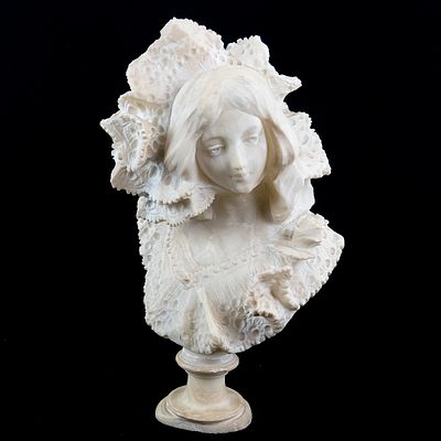 Italian Alabaster Lace Young Woman Bust. Italian Alabaster Bust, depicts a young woman in 