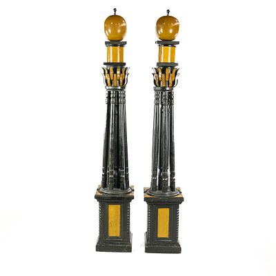 Neoclassical Ebonized Wooden Decorative Pole Pair. Antique pair of Neoclassical inspired hand 