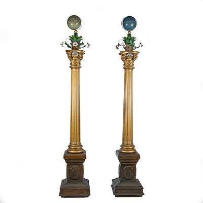 Pair of Decorative 10' Tall Masonic Columns, ceremonial columns topped with a terrestrial globe 