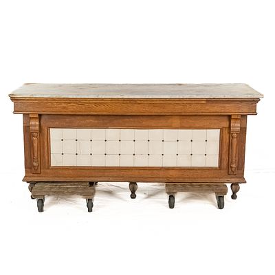 General Store Counter, marble top, oak carved columns on both sides, white tile on front panel 