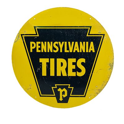 Pennsylvania Tires Double-Sided Porcelain Sign, round sign featuring a yellow background with a 
