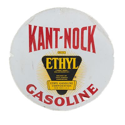 Kant-Nock Gasoline Double-Sided Porcelain Sign, features the "Ethyl" anti-knock compound logo 