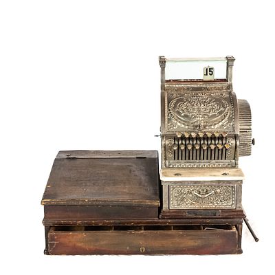 Rare National Model R-317 Cash Register w/ Cabinet. National register model R-317 mounted with a 