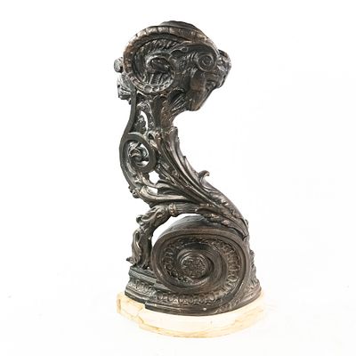 Rococo Ram Head Sculpture Newel Post. This impressive cast iron newel post, with bronze patina 