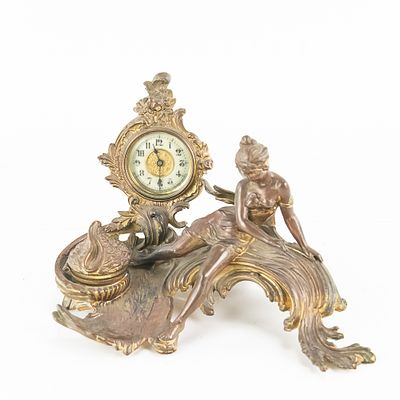 Ansonia Bronze Figural Desk Clock. This stunning Art Nouveau desk set, cast in heavy bronze 