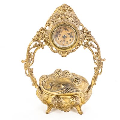 Antique Gilt Cast Metal Jewelry Box Clock. This is a charming example of late 19th to early 