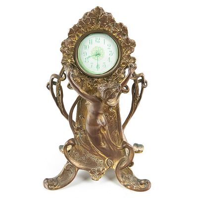 Art Nouveau Gilt Bronze Maiden Clock. An elegant example of the Art Nouveau movement, this 