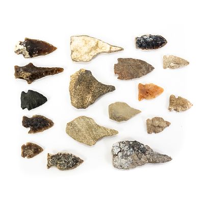 17-Piece Ancient Lithic Artifact Set. This diverse assemblage of seventeen prehistoric stone 