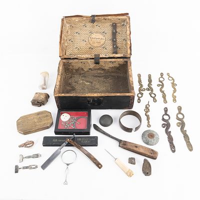 Antique Traveler Box & Curiosities Lot. An intriguing collection of vintage and antique 