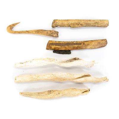 Collection of Bone & Shell Tools (6). This fascinating assemblage of 6 prehistoric-style 