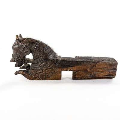 19th C. Carved Indian Teak Haveli Horse Corbel. This striking architectural element, likely a 