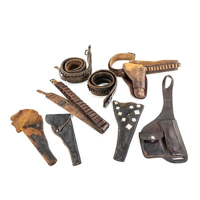 Antique RC Fox Western Pommel Pouch & Holster Lot. This premier collection of frontier-era 