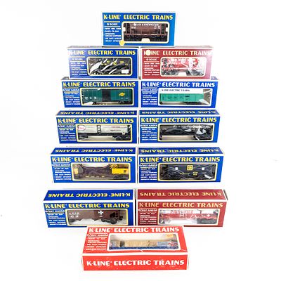 (12) Assorted K-Line Railway Cars w Boxes. Assortment features K-Line #'s K-5612, K-6311, K-6626 