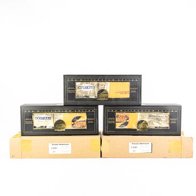 (3) M.T.H. Gold Plated NYC 40' Single Door Boxcars. (3) M.T.H. Electric Trains Gold Plated New 