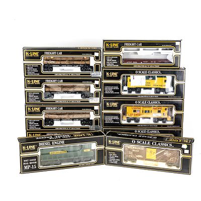K-Line KCC Dual Motor MP-15 Diesel & (9) RR Cars. K-Line O/027 gauge electric train assortment 
