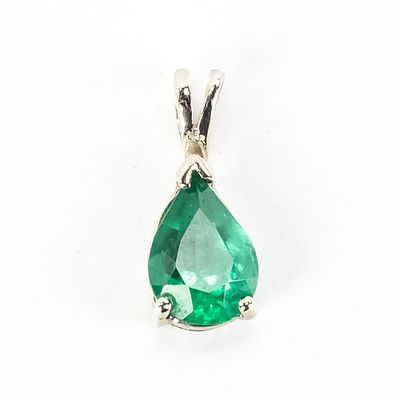 Pear Cut Natural Emerald Solitaire 14k WG Pendant. Striking Pear Cut Natural Emerald Solitaire 