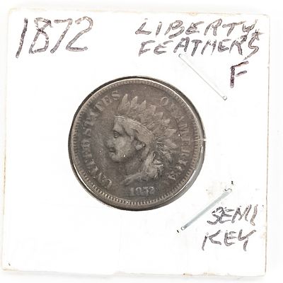 1872 Indian Head SEMI KEY DATE Penny 1C. 1872 Indian Head Penny, Fine with Liberty Feathers RAW 