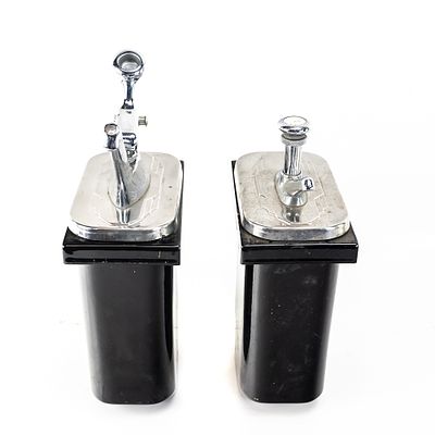 2 Ceramic Soda Fountain Syrup Jars & Pumps. 2 ceramic soda fountain syrup jars made by Hall, 2 