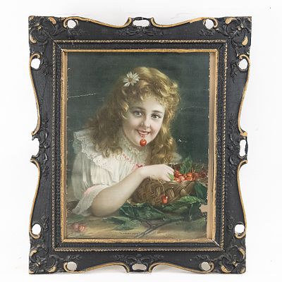 Framed Print Of a Young Girl Eating Cherries. A 1905 print of a pretty young girl eating 