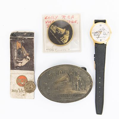 Lot of 4 RCA Gimmick Advertisements. Includes an oval Victor His Master's Voice brass belt 