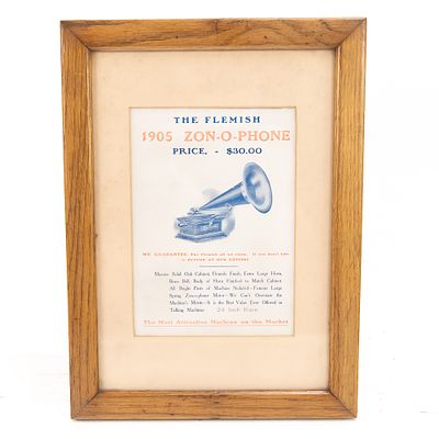 1905 Framed Zon-O-Phone Advertisement. An exceptional find for the early talking machine 