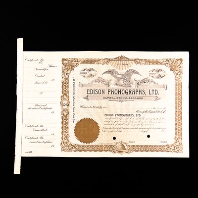 Edison Phonographs Stock Certificate. This unissued capital stock certificate for Edison 