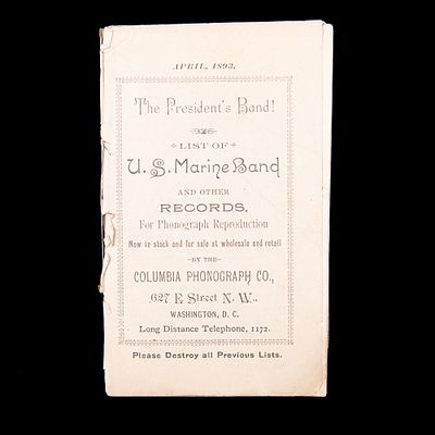 1893 Columbia Record Catalog. Original Columbia record catalog from April 1893 in good but 
