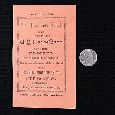 1892 Columbia Record Catalog. Original Columbia record catalog dated October 1892 featuring a 