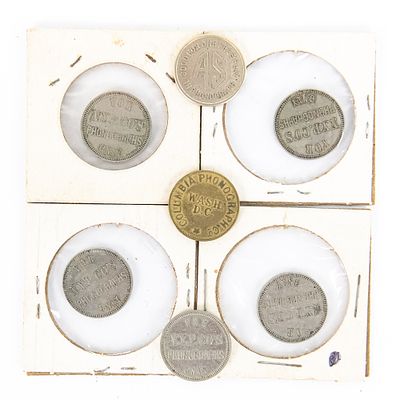 7 Tokens For 1890’s Coin In Slot Phonographs. A group of 7 tokens used in “Coin in the slot” 