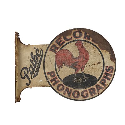 Pathe Phonograph Record Flange Sign. Double sided tin litho flange sign for Pathe Phonographs 