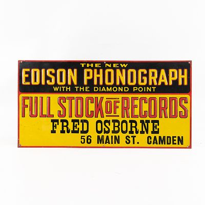 Edison Phonograph Tin Advertising Sign. Single-sided, embossed tin litho sign advertising The 