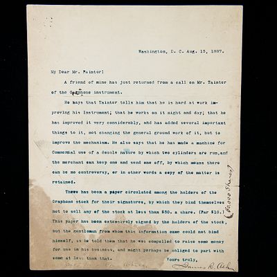 Historic 1887 Letter to Uriah H. Painter. A hand typed letter dated Washington D.C. Aug. 25 