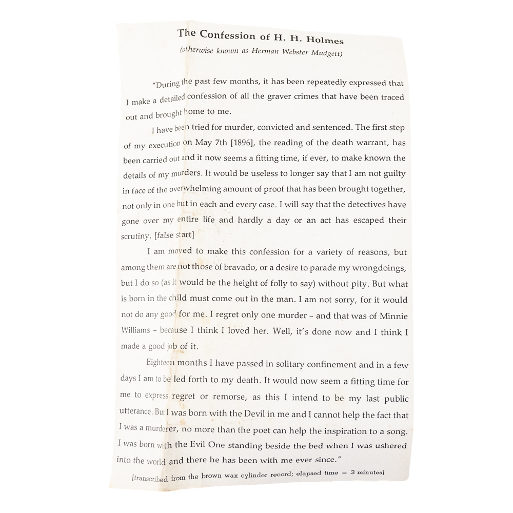 H.H. Holmes Wax Cylinder & Printed Confession