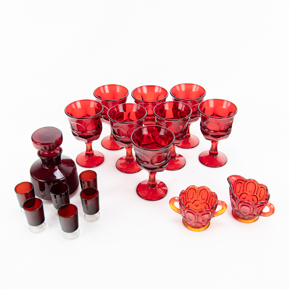 17-Piece Ruby Red Mid-Century Modern Glass/Barware