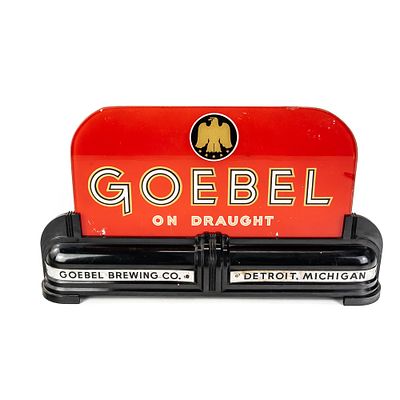 Vintage Goebel Beer "On Draught" Beer Sign, features the classic golden eagle insignia inside a 