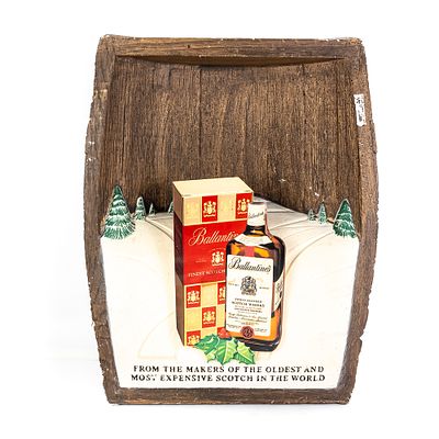 Vintage Ballantine's Finest Whisky Barrel Display, features a winter holiday scene with molded 